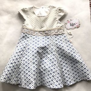 NWT LILAX Blue Gold Sparkle Polka Dot Lace Dress